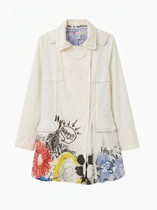 Desigual Jackets & Blazers - Desigual Ivory Graffiti Floral Trench Coat Size 40